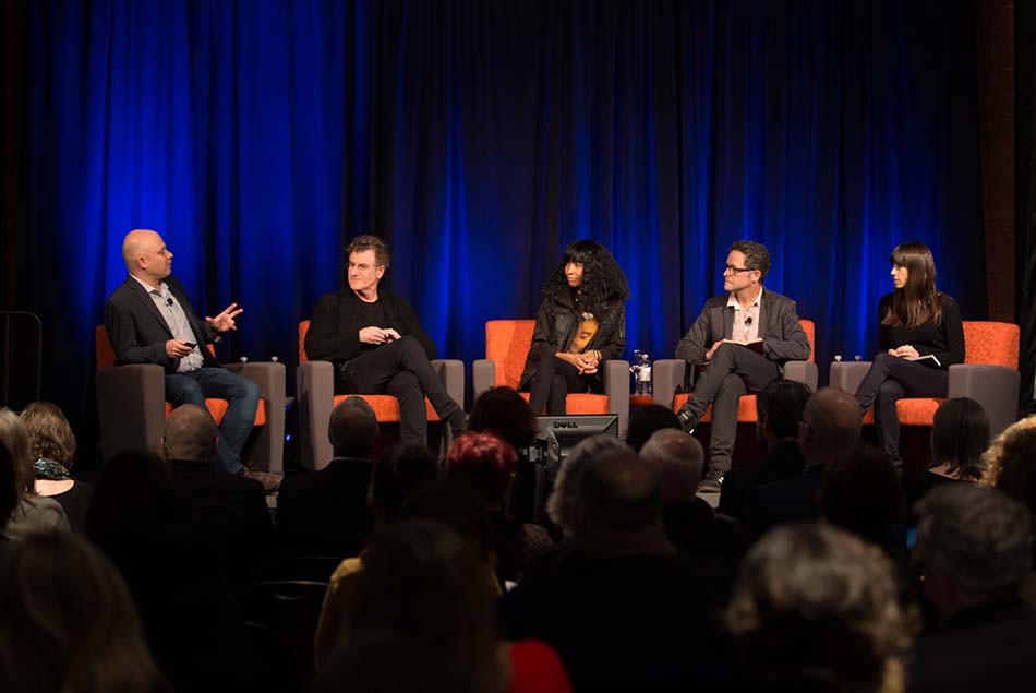 Panelists Ben Davis, Alfredo Jaar, lauren woods, Paul Ramirez Jonas, and Jill Magid  sit down and discuss Sculpture + History in Dallas 2018 