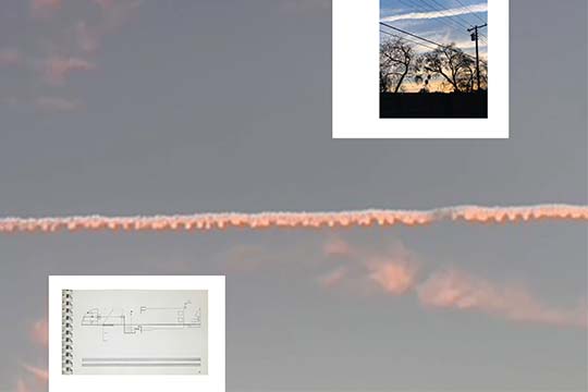 background of clouds in the sky with smaller images of sheet music and tree