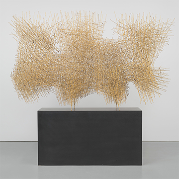 Image of an untitled artwork by Harry Bertoia that resembles a golden cloud made up of straight lines