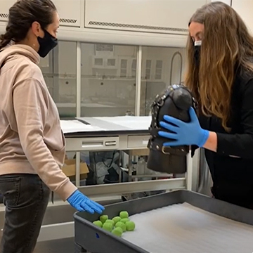 Two conservators move a sculpture