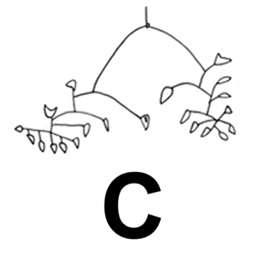 Drawing of an Alexander Calder mobile with the letter C. Drawing of an Alexander Calder mobile with the letter C.
