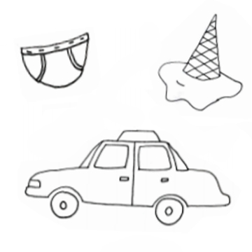 Drawing of a taxi, an ice cream cone, and a pair of underwear. Drawing of a taxi, an ice cream cone, and a pair of underwear.
