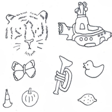 Drawing of a tiger, a submarine, a butterfly, a trumpet, a duck, a lemon, a pumpkin and a traffic cone Drawing of a tiger, a submarine, a butterfly, a trumpet, a duck, a lemon, a pumpkin and a traffic cone